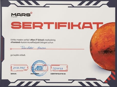 Сертификат Frontend, Mars IT School