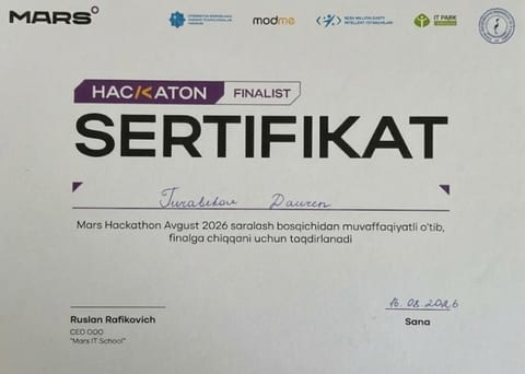 Сертификат финалиста Mars Hackathon